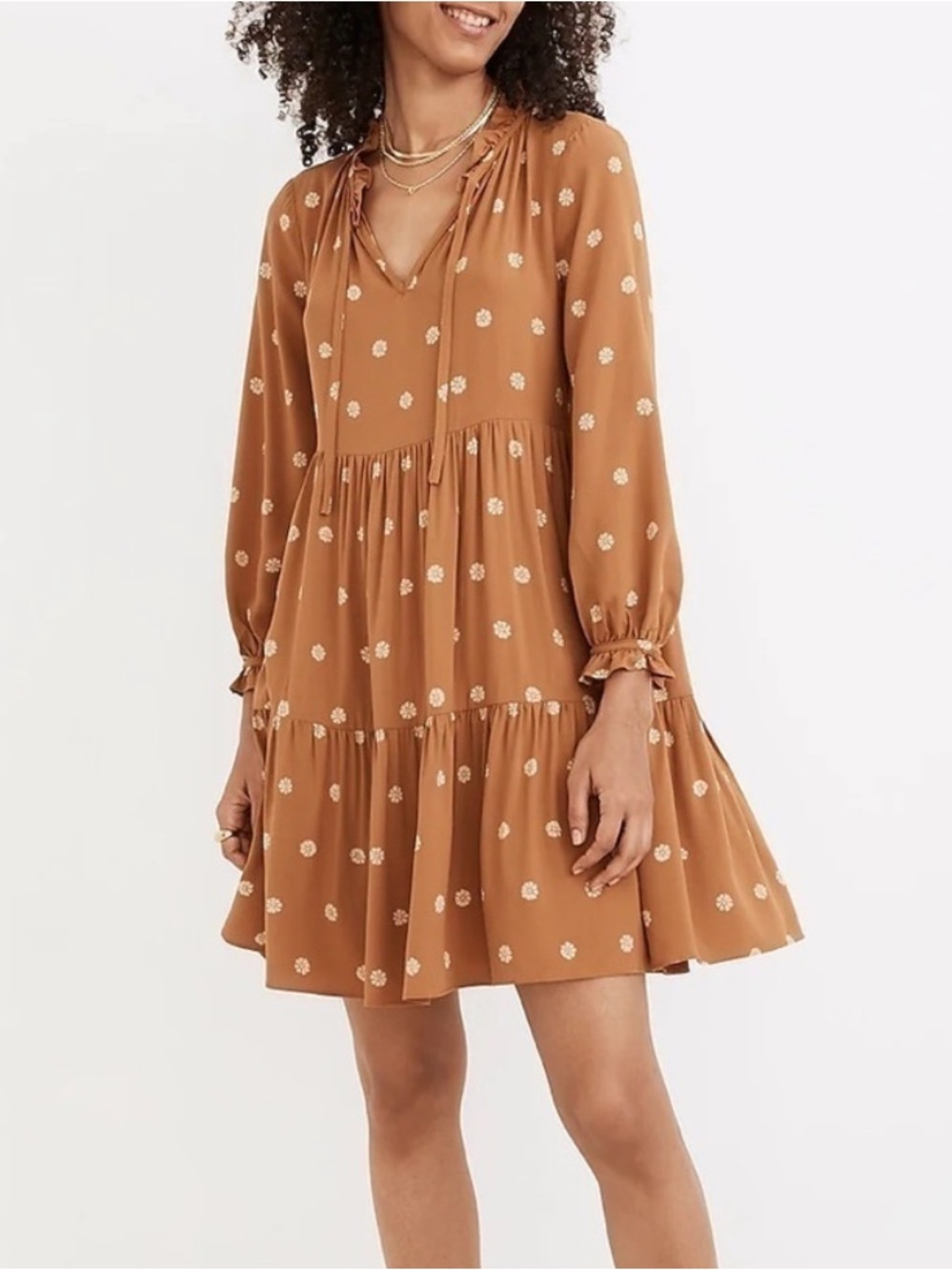 MADEWELL Tie-Neck Tiered Mini Dress in Bloom Dot Large